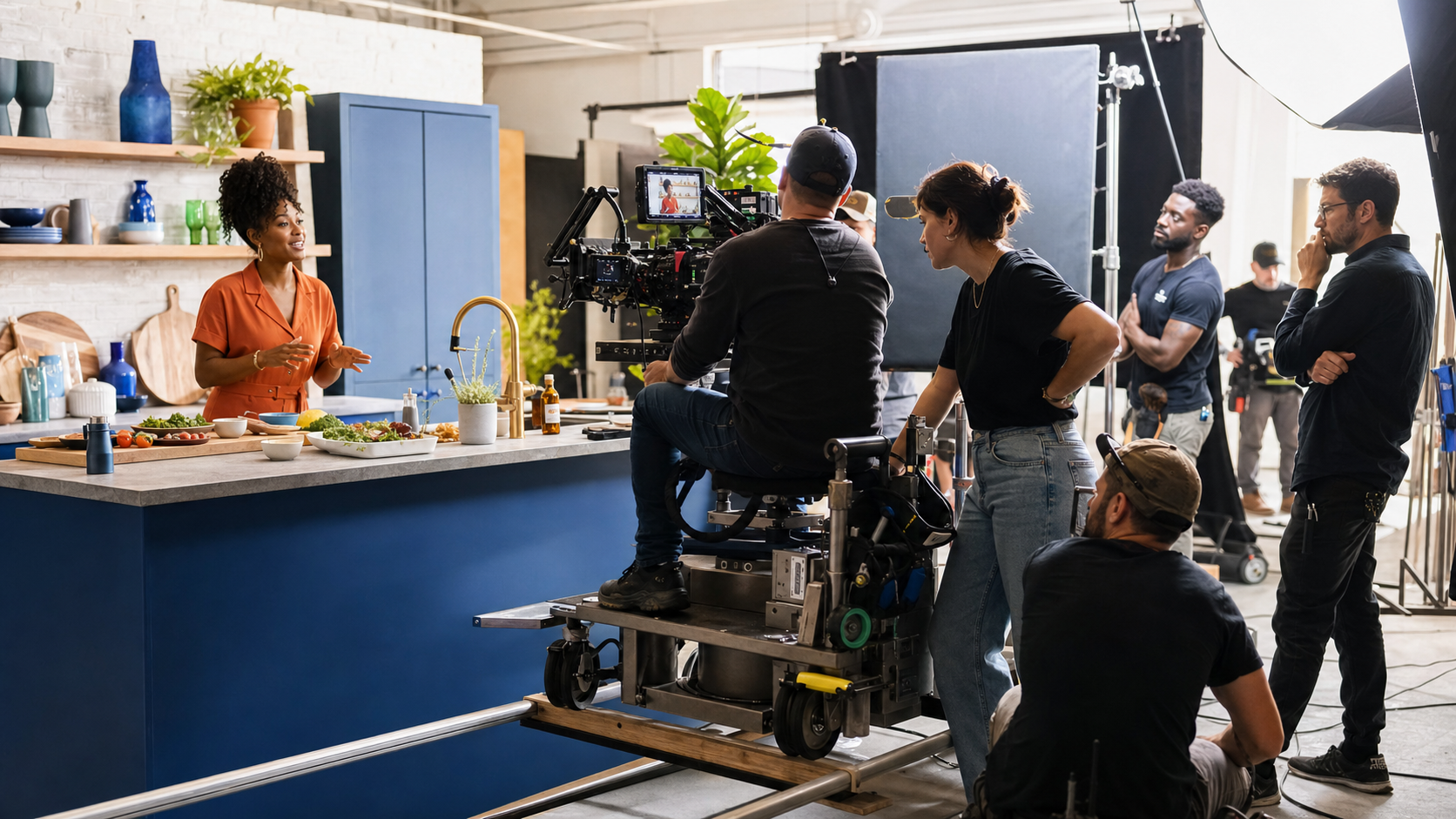 A professional commercial shoot on a green-screen stage
