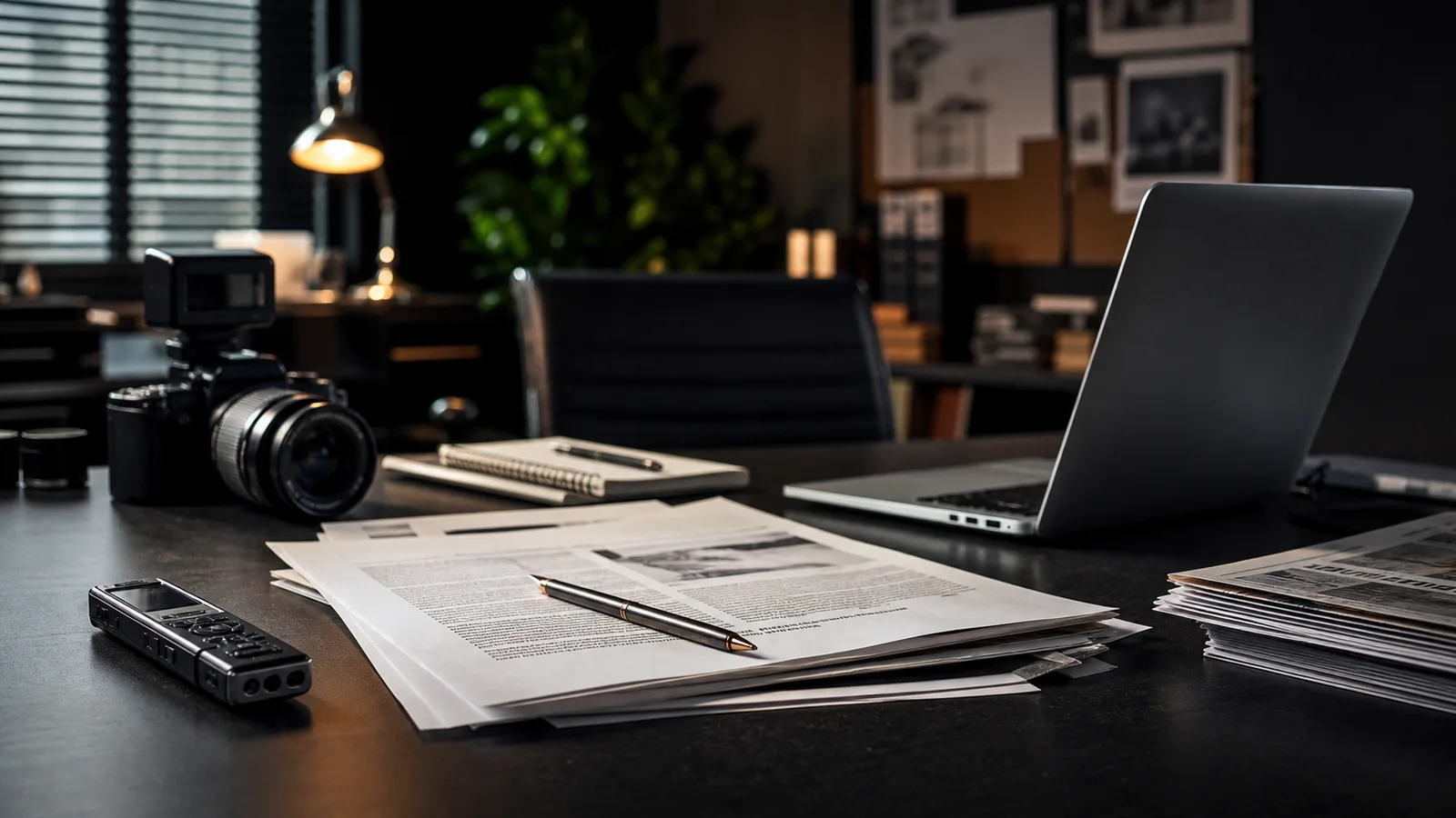Professional public-relations desk with press materials, camera, and recorder