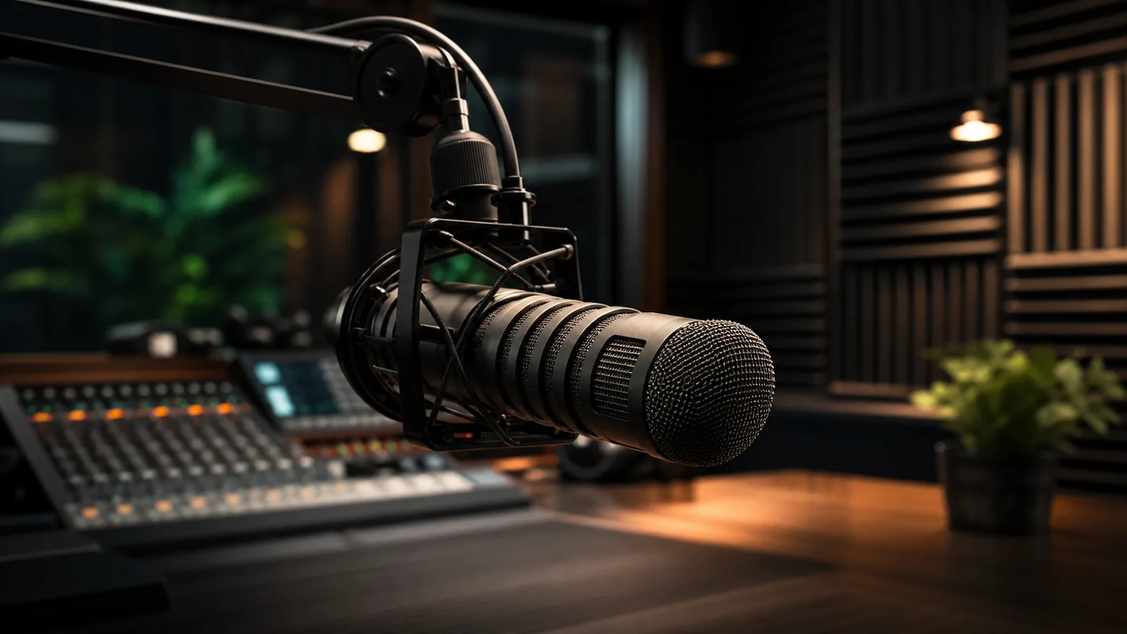 Professional broadcast microphone inside a radio studio