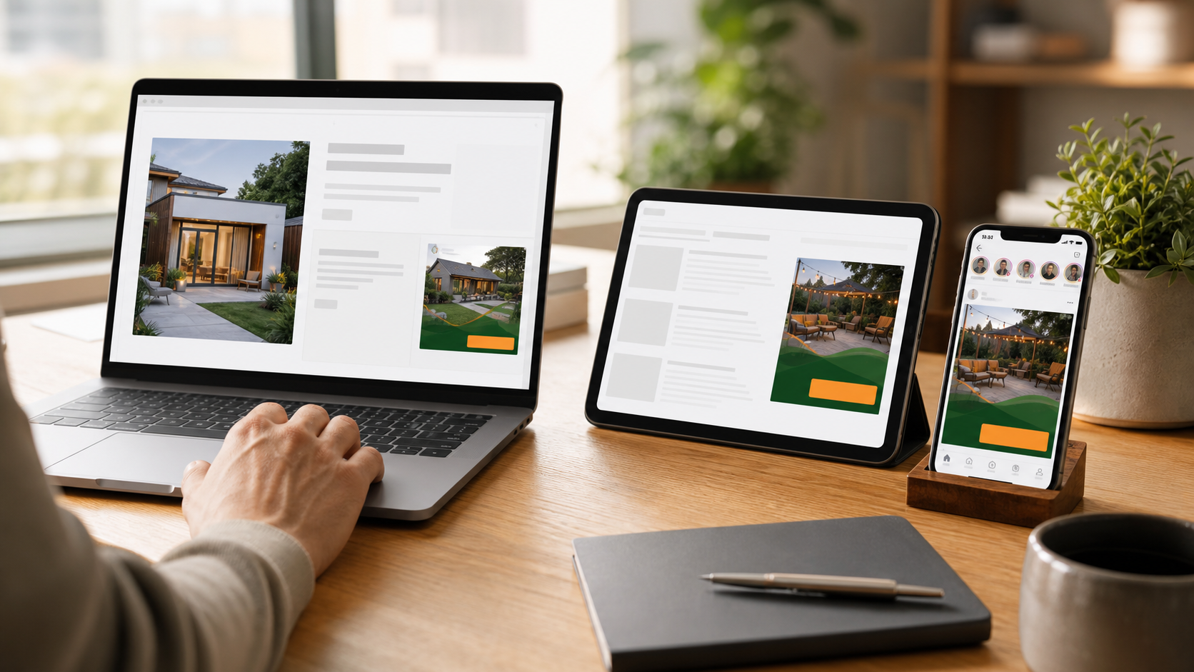 A coordinated remarketing campaign following an interested visitor across laptop, tablet, and phone