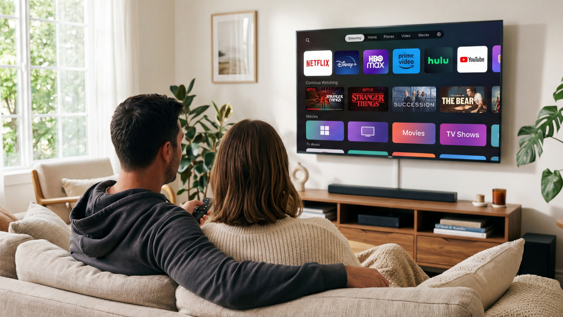 Streaming TV interface showing a commercial across popular TV apps